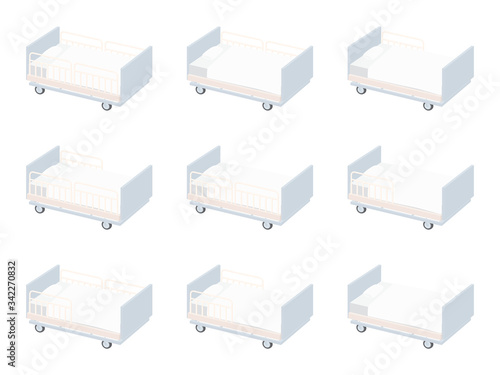 介護用ベッドのイラストセット_柵立て方バリエーション_グレー