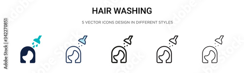 Hair washing icon in filled, thin line, outline and stroke style. Vector illustration of two colored and black hair washing vector icons designs can be used for mobile, ui, web