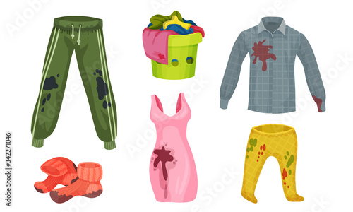 Dirty Laundry or Clothes with Spots of Mud Vector Set