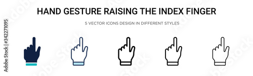 Hand gesture raising the index finger icon in filled, thin line, outline and stroke style. Vector illustration of two colored and black hand gesture raising the index finger vector icons designs can