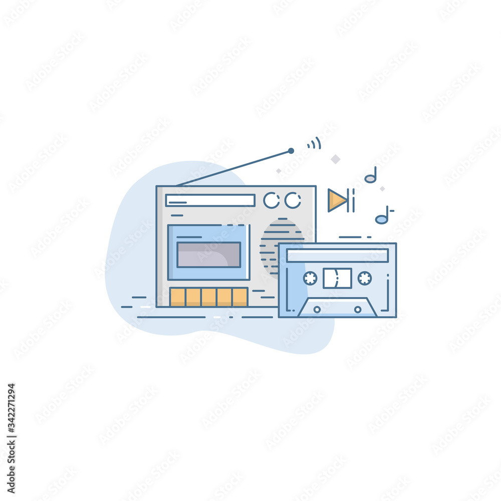 Retro tape recorder and audio cassette. Conceptual vector illustration in linear flat style. Retro tape recorder and audio cassette. Conceptual vector illustration in linear flat style.
