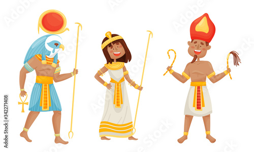 Egyptian Pharaoh and Deities Wearing Antique Clothing Vector Set