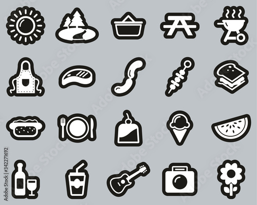 Picnic Or Barbecue Icons White On Black Sticker Set Big