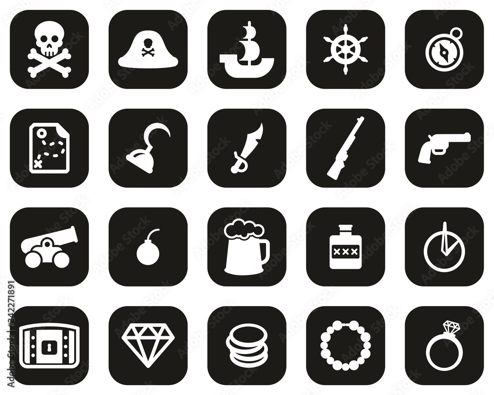 Pirate Icons White On Black Flat Design Set Big Pirate Icons White On Black Flat Design Set Big