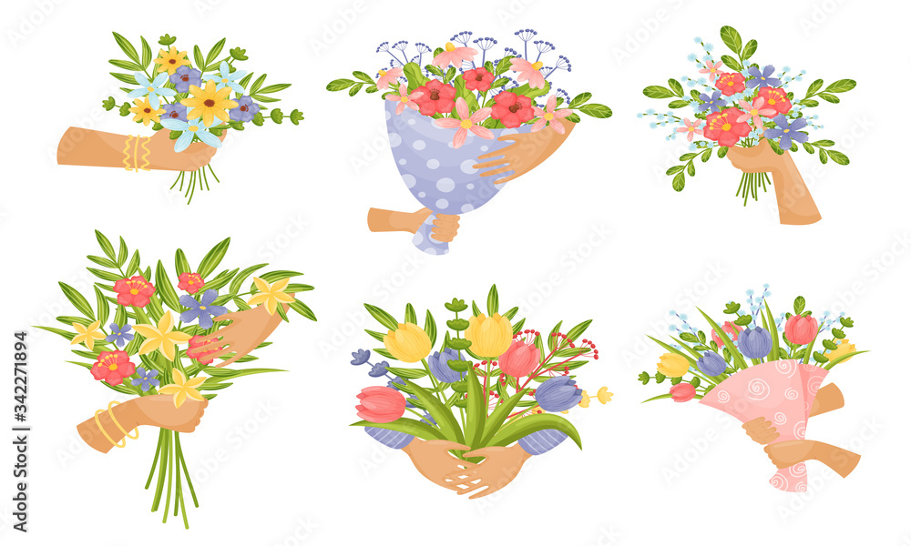 Fototapeta premium Hands Holding Bunches of Showy Flowers Vector Set