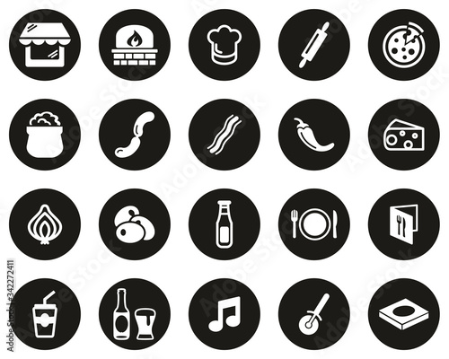 Pizzeria Or Pizza Restaurant Icons White On Black Flat Design CIrcle Set Big