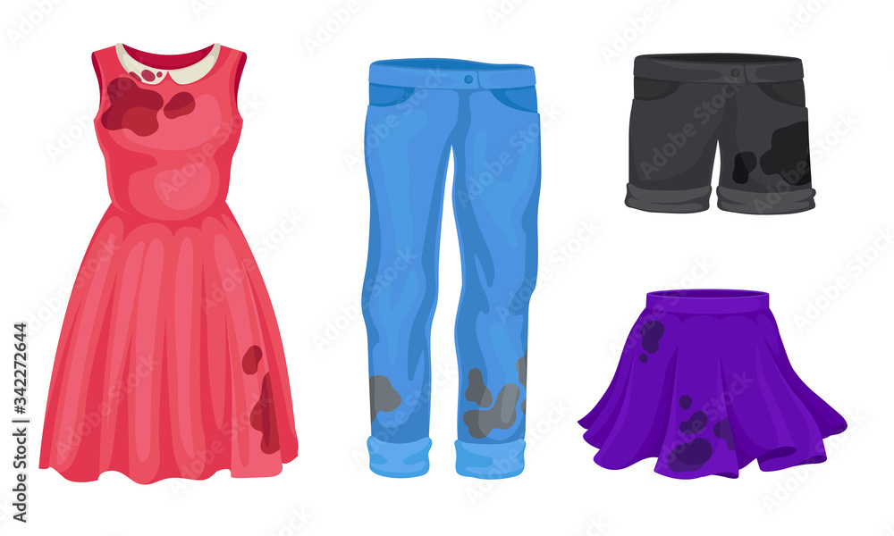 Laundry or Clothes with Stained Dress and Jeans Vector Set Laundry or Clothes with Stained Dress and Jeans Vector Set