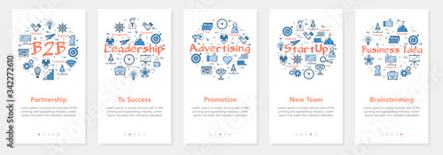 Vector five vertical banners - business partnetship, b2b, leadership and brainstorming