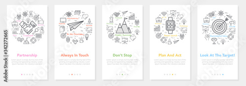 Vector five vertical banners - business partnetship, mountain success, smart watch, paper plane