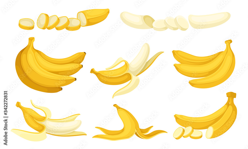 Yellow Banana Fruit Whole and Chopped with Peel and Without Vector Set Yellow Banana Fruit Whole and Chopped with Peel and Without Vector Set