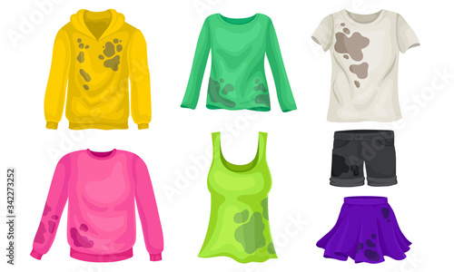 Laundry or Clothes with Stained Sweater and Skirt Vector Set