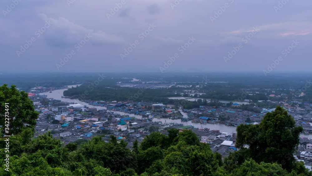 Pak Nam Chumphon town, fisherman village, and river from Khao Matsee scenic viewpoint, day to night - Time Lapse Pak Nam Chumphon town, fisherman village, and river from Khao Matsee scenic viewpoint, day to night - Time Lapse