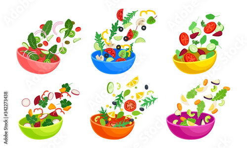 Chopped Vegetable Salad Ingredients Falling Down in the Bowl Vector Set