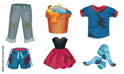 Spotted Kids Clothes with Splashes of Mud All Around Vector Set