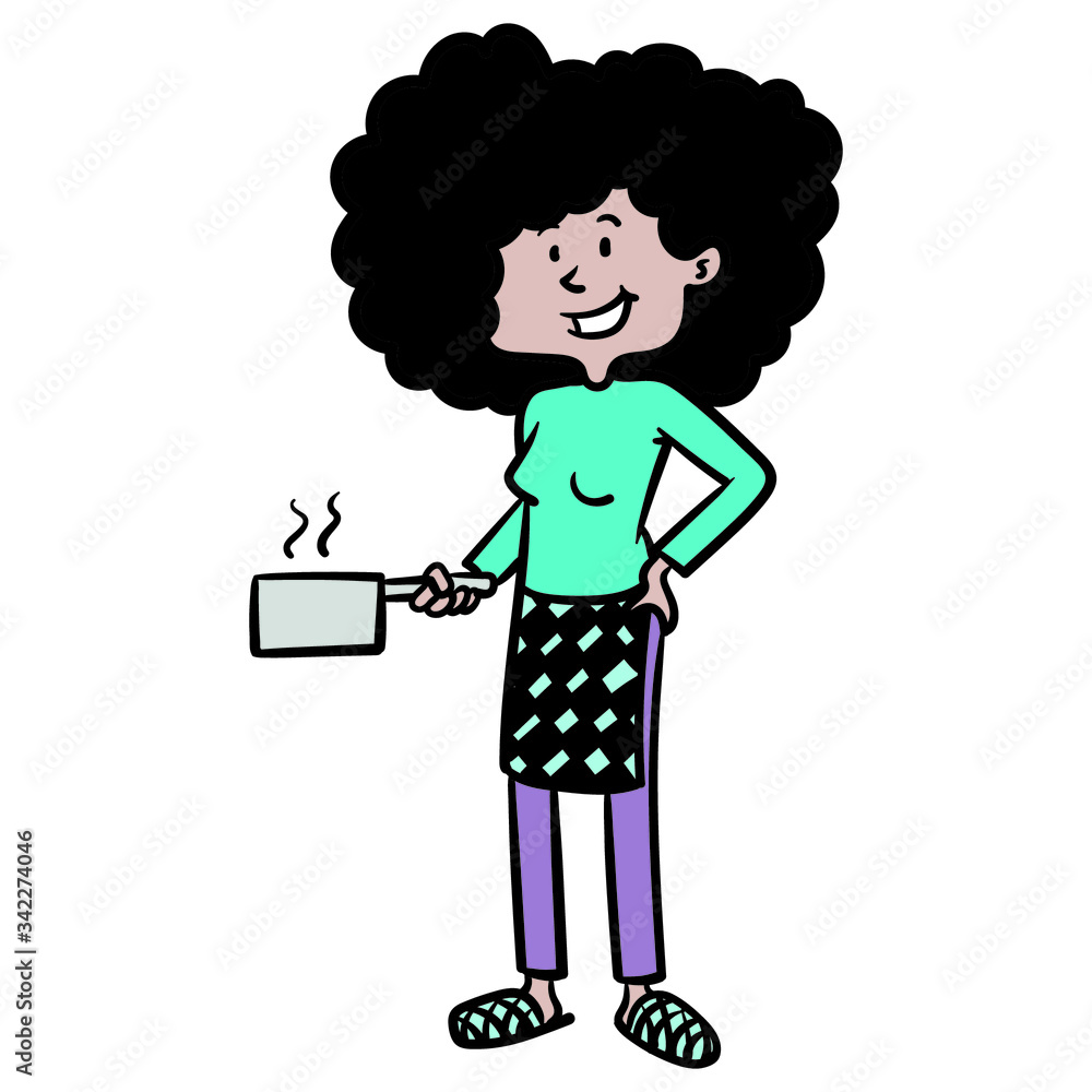 a southern housewife with black curly hair is holding a saucepan in her hand and is wearing an apron. comic, whole body, illustration. a southern housewife with black curly hair is holding a saucepan in her hand and is wearing an apron. comic, whole body, illustration.