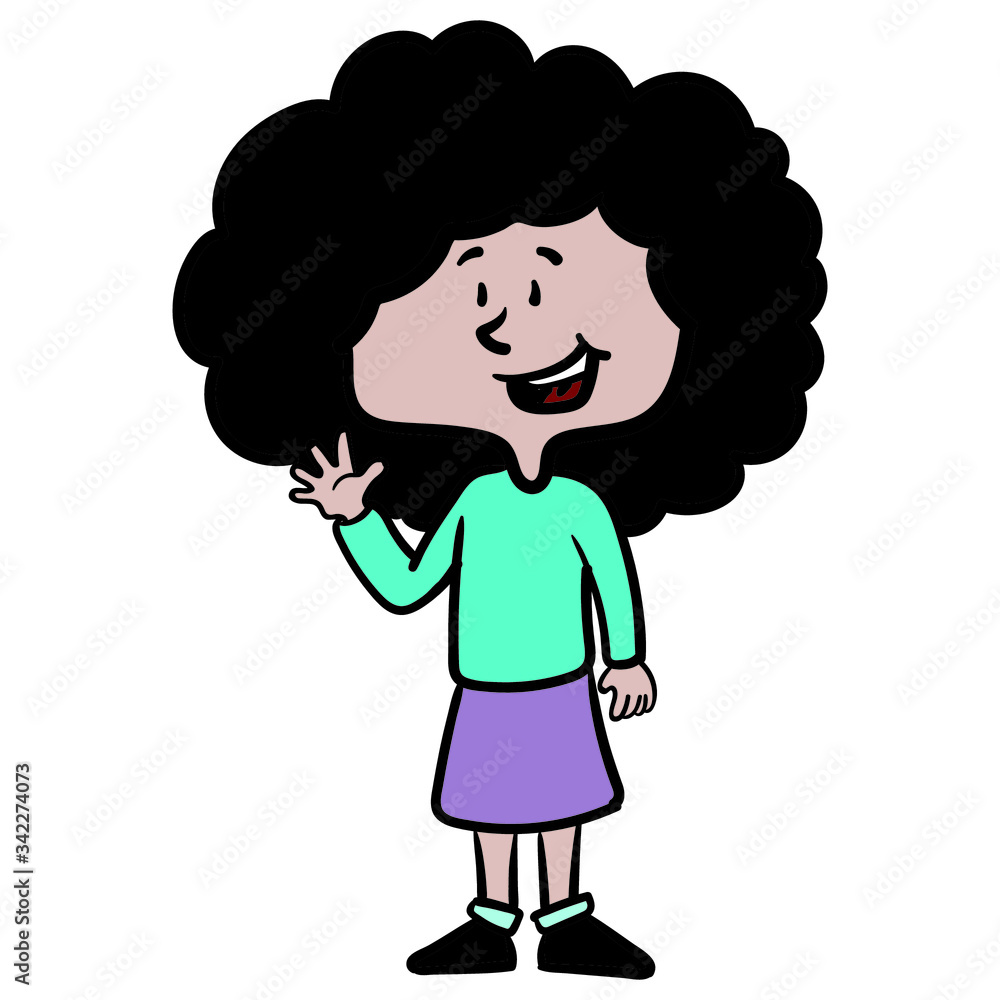 comic drawing of a small Mediterranean girl with curly black head that lifts and waves her hand. hole body. comic drawing of a small Mediterranean girl with curly black head that lifts and waves her hand. hole body.