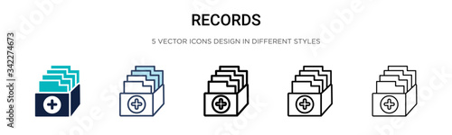 Records icon in filled, thin line, outline and stroke style. Vector illustration of two colored and black records vector icons designs can be used for mobile, ui, web