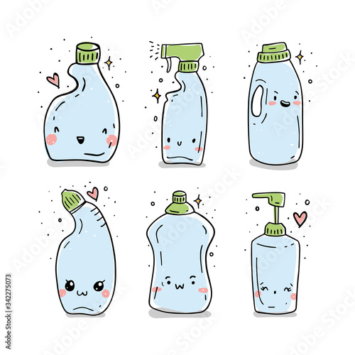 Funny detergent bottle character set with smiling human face, hand drawn in a doodle cartoon style. Vector illustration of isolated on white background. Washing, cleansing agent