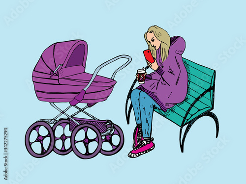 Mother in warm jacket with telephone sitting on bench near purple baby carriage, hand drawn doodle gravure vintage style, sketch, outline vector illustration
