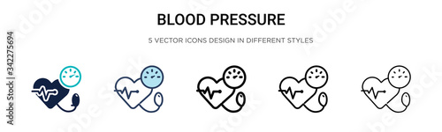 Blood pressure icon in filled, thin line, outline and stroke style. Vector illustration of two colored and black blood pressure vector icons designs can be used for mobile, ui, web