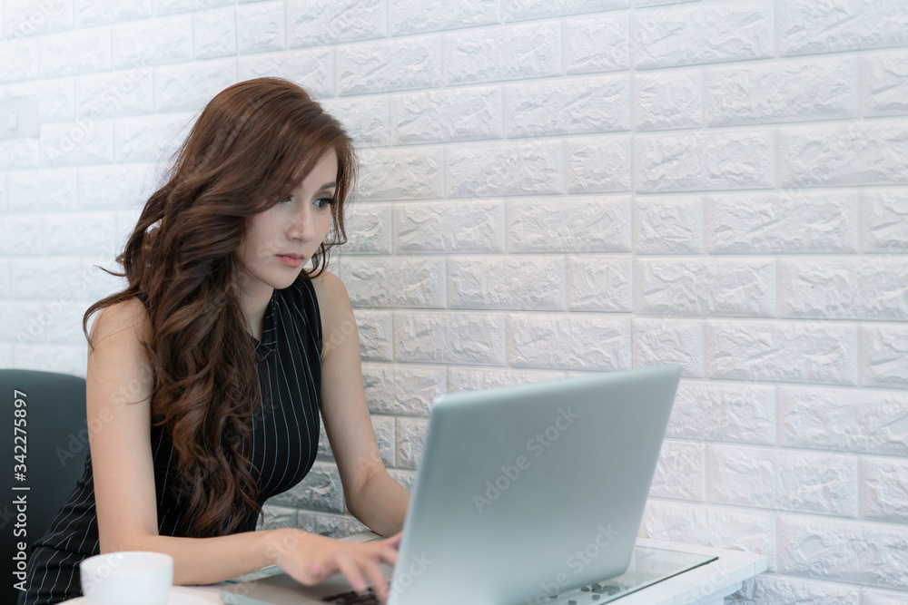 Business asian women working from home. Beautiful woman work in modern office. Concept of business, technology and meeting online.