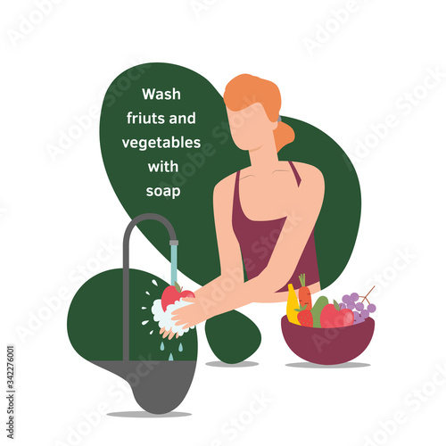 Vector isolated illustration of a woman washing healthy fresh fruits and vegetables in a flat design style. Girl female character in a modern style during coronavirus crisis