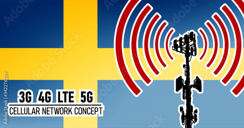 Cellular mobile tower connection network concept for Sweden, vector illustration of 3g 4g LTE and 5g dangerous waves from the cell tower, risk of 5G idea in colors blue, yellow