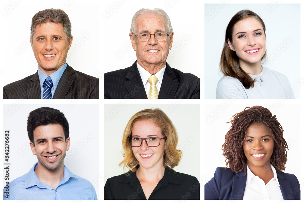 Fototapeta premium Happy positive mix aged business leaders isolated portrait set. Smiling men and women of different races and ages multiple shot collage. Business people concept