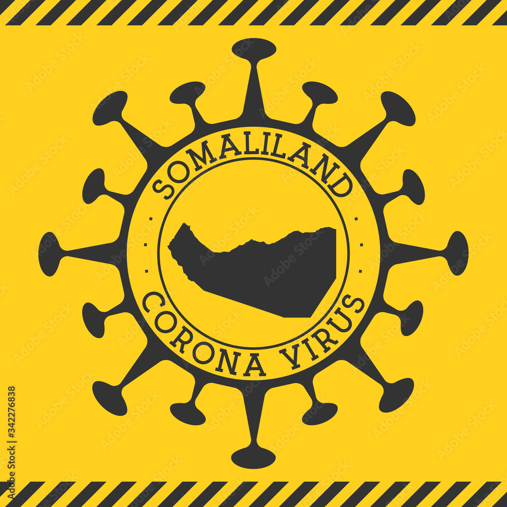 Corona virus in Somaliland sign. Round badge with shape of virus and Somaliland map. Yellow country epidemy lock down stamp. Vector illustration.
