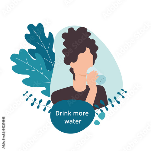 Thirsty pretty girl drinks water. Vector isolated illustration