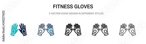 Fitness gloves icon in filled, thin line, outline and stroke style. Vector illustration of two colored and black fitness gloves vector icons designs can be used for mobile, ui, web