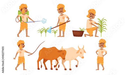 Indian Farmer Wearing Turban Cultivating Plants and Soil Vector Set