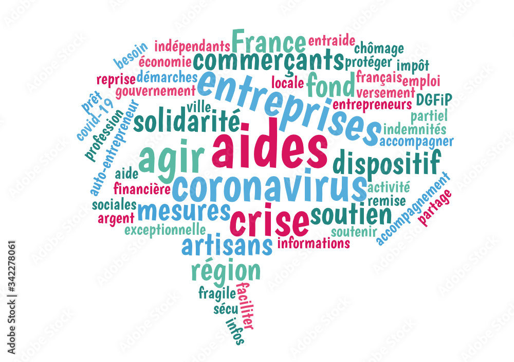 Coronavirus : aides pour les entreprise, nuage de mot, bulle, dialogue Coronavirus : aides pour les entreprise, nuage de mot, bulle, dialogue