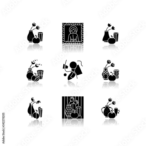 Cultural movements drop shadow black glyph icons set