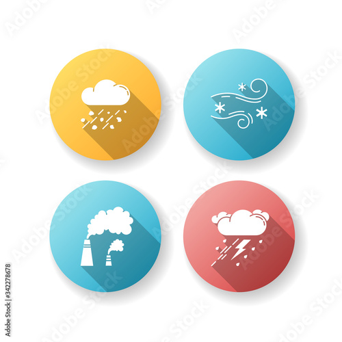 Bad weather forecast flat design long shadow glyph icons set