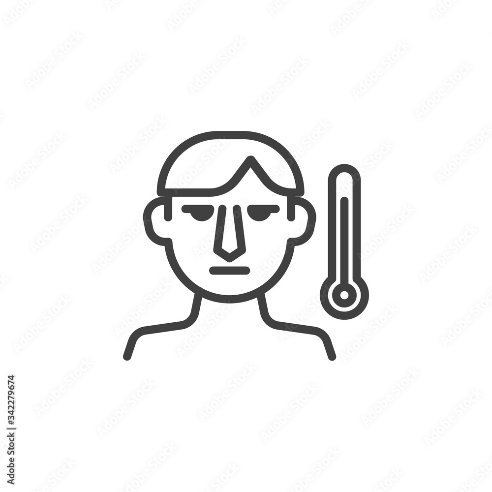 Man and thermometer line icon. linear style sign for mobile concept and web design. Temperature measurement outline vector icon. Symbol, logo illustration. Vector graphics