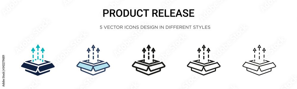 Product release icon in filled, thin line, outline and stroke style. Vector illustration of two colored and black product release vector icons designs can be used for mobile, ui, web