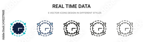 Real time data icon in filled, thin line, outline and stroke style. Vector illustration of two colored and black real time data vector icons designs can be used for mobile, ui, web