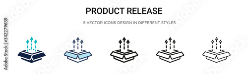 Product release icon in filled, thin line, outline and stroke style. Vector illustration of two colored and black product release vector icons designs can be used for mobile, ui, web