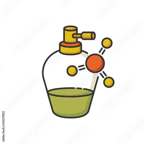 Liquid keratin in bottle RGB color icon. Smoothing and straightening serum. Chemical formula with vitamin complex for haircare. Cosmetic product for hair treatment. Isolated vector illustration.