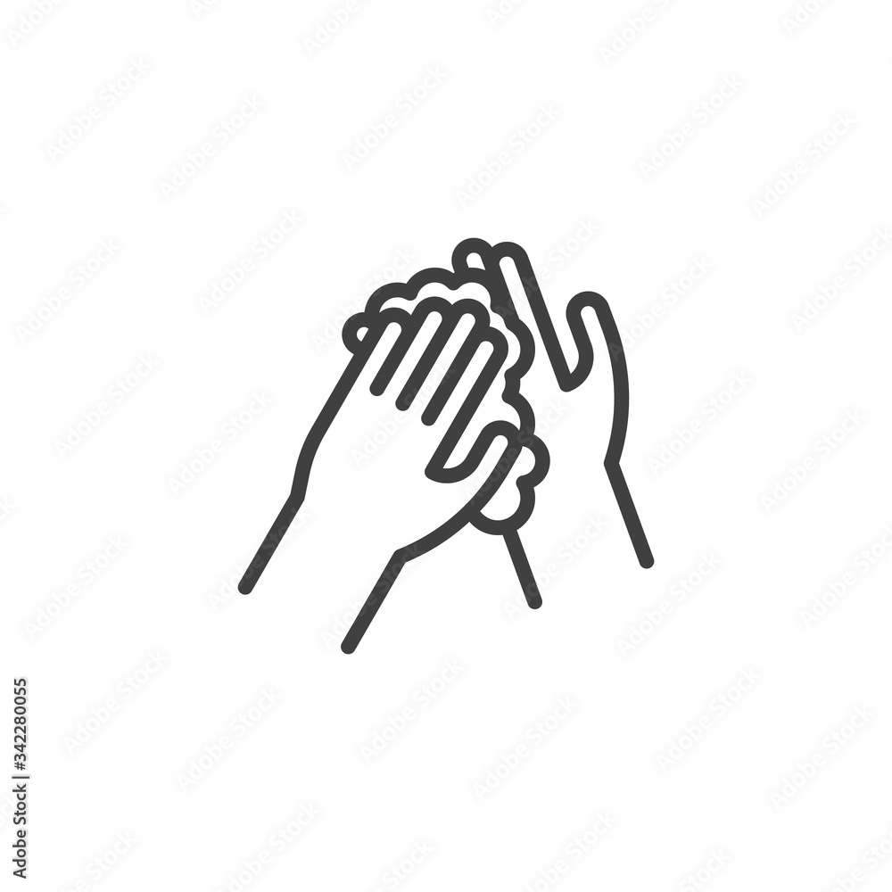 Hands washing with soap line icon. Coronavirus prevention linear style sign for mobile concept and web design. Wash your hands outline vector icon. Symbol, logo illustration. Vector graphics Hands washing with soap line icon. Coronavirus prevention linear style sign for mobile concept and web design. Wash your hands outline vector icon. Symbol, logo illustration. Vector graphics