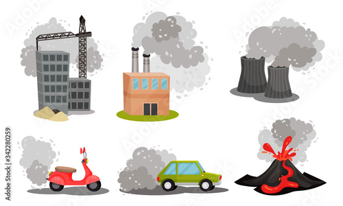 Air Pollution Sources with Industrial Radioactive Waste and Traffic Smoke Vector Scene Set