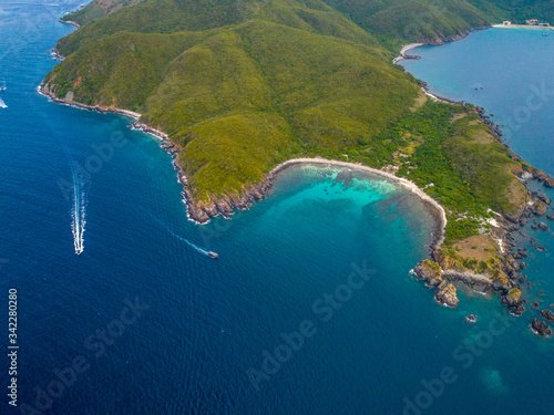 Aerial view of the untouched site of Hon Tre Island, Nha Trang Bay, Khanh Hoa, Vietnam. Best known for housing Vinpearl Amusement Park, a massive aquarium, amphitheatre and shopping mall © Nam Trieu