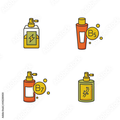 Hair oils RGB color icons set. Antistatic sprayer in bottle. B5 panthenol ointment. B7 biotic cosmetic product. Liquid silicon in bottle with sprayer. Isolated vector illustrations.