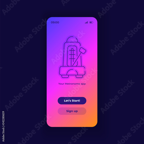 Metronome application smartphone interface vector template. Mobile app page dark design layout. Log in page screen. Flat UI for application. Start and sign up options on phone display.