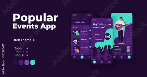 Popular events app cartoon smartphone interface vector templates set. Mobile app screen page night mode design. Music concerts list and details UI for application. Phone display with flat character.