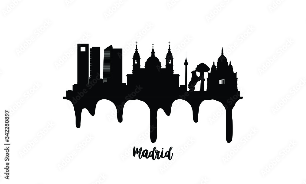 Madrid Spain black skyline silhouette vector illustration on white background with dripping ink effect.