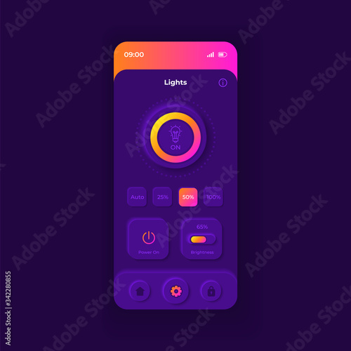 Smart lights application smartphone interface vector template. Mobile app page dark design layout. Automated illumination settings screen. Flat UI for application. IOT parameters on phone display.