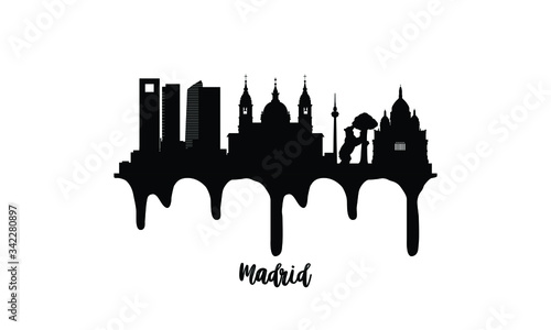 Madrid Spain black skyline silhouette vector illustration on white background with dripping ink effect.