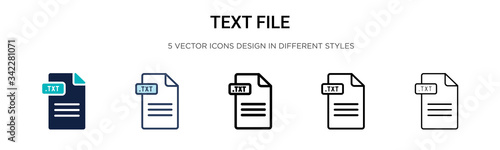 Text file icon in filled, thin line, outline and stroke style. Vector illustration of two colored and black text file vector icons designs can be used for mobile, ui, web